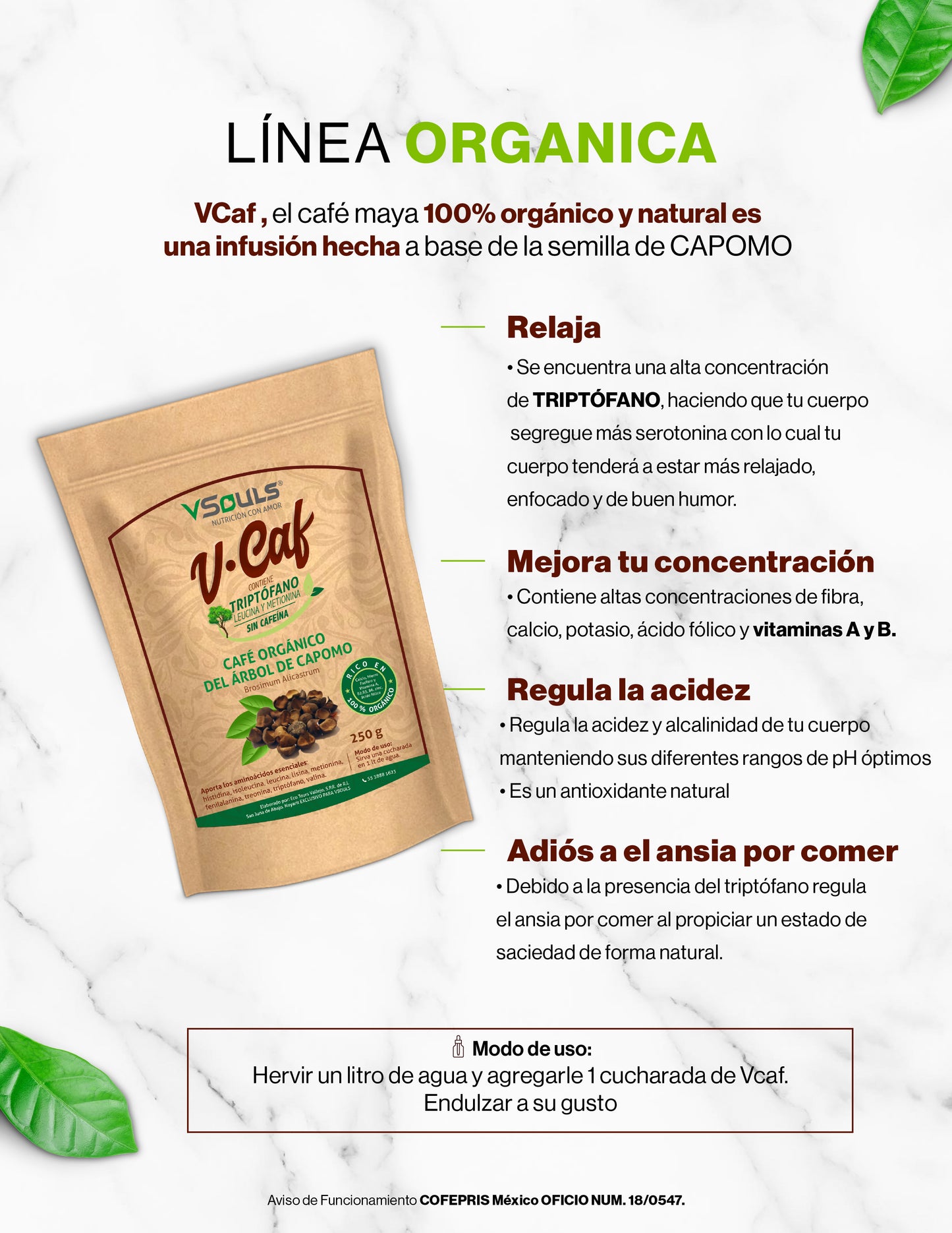 V-Caf Vsouls: Café Orgánico de Capomo Sin Cafeína para Bienestar Integral