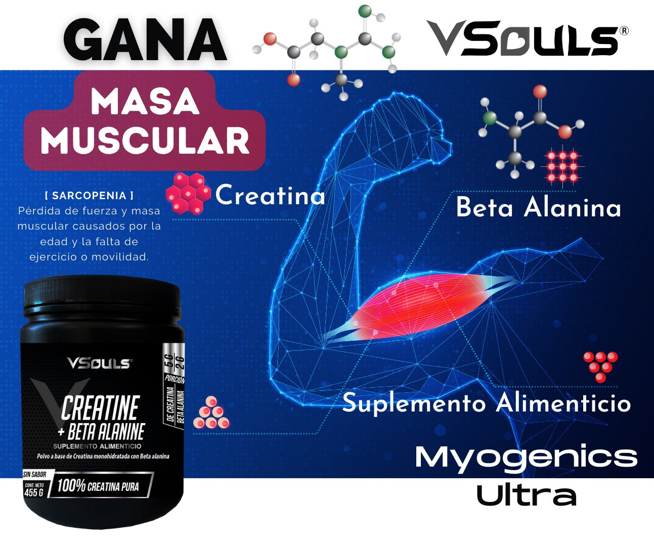 Creatine + Beta Alanine Vsouls: Potencia tu Rendimiento y Gana Masa Muscular Magra