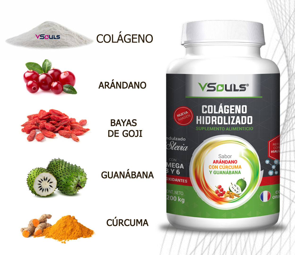 VSouls Colágeno Hidrolizádo Arándano, Cúrcuma, Guanábana, Bayas de Goji